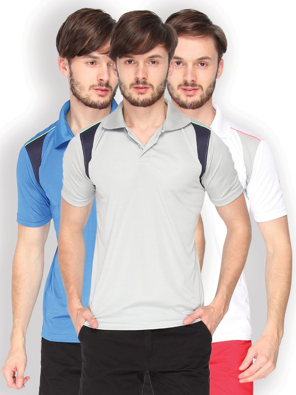 Campus Sutra Solid Men Polo Neck Denim Grey, Blue, Blue, Blue, White, Grey T-Shirt(Pack of 3)