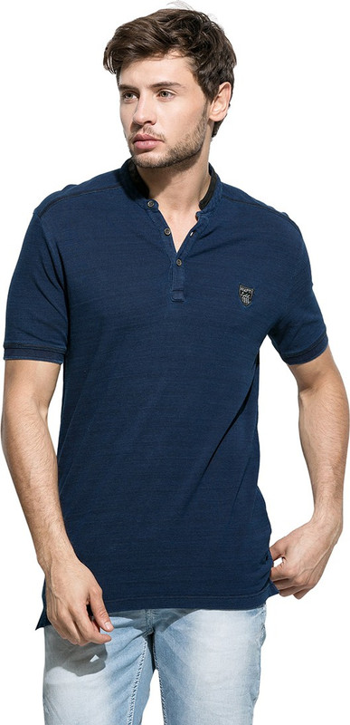 Mufti Solid Men Mandarin Collar Dark Blue T-Shirt