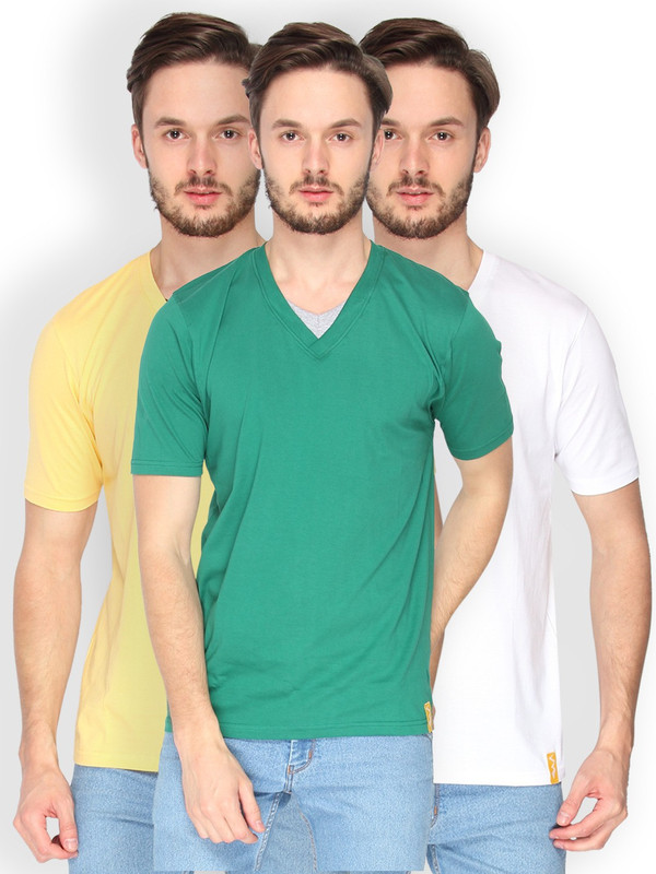 Campus Sutra Solid Men V-Neck Dark Green, Yellow, White T-Shirt(Pack of 3)