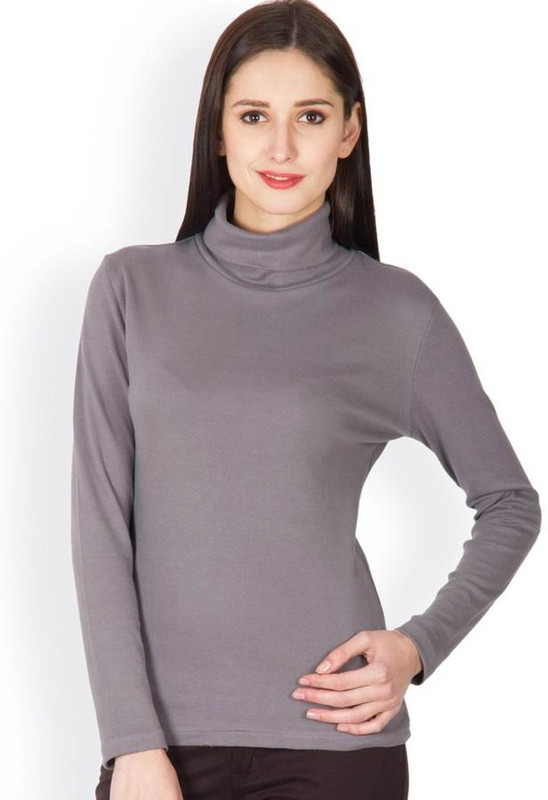 Hypernation Solid Women Turtle Neck Grey T-Shirt