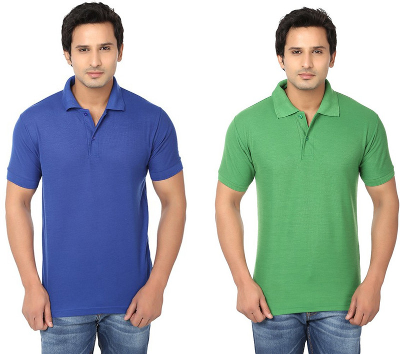 Keepsake Solid Men Polo Neck Blue, Green T-Shirt(Pack of 2)