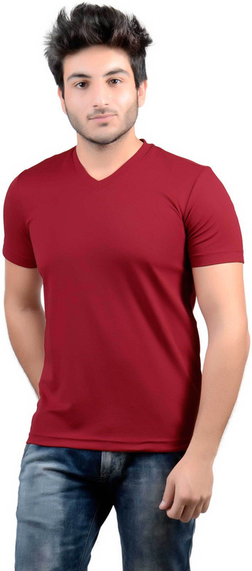 DS WORLD Solid Men V-Neck Maroon T-Shirt
