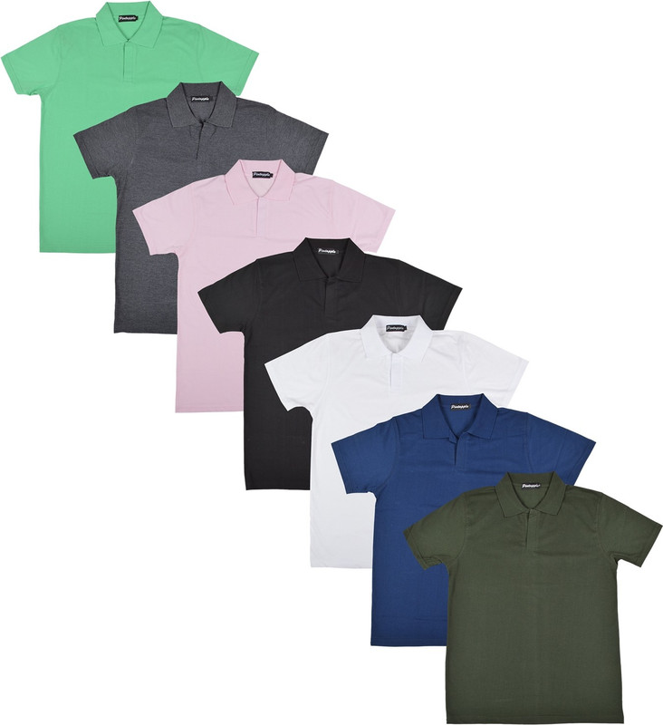 Pintapple Solid Men Polo Neck White, Black, Pink, Grey, Light Green, Dark Blue, Dark Green T-Shirt(Pack of 7)