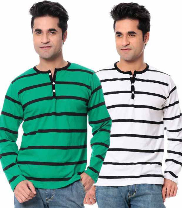 Leana Striped Men Round Neck Dark Green, White T-Shirt(Pack of 2)