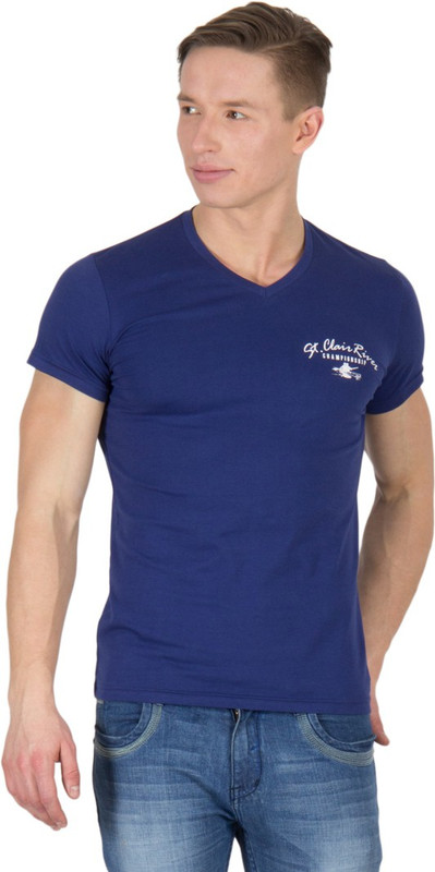 Wilkins & Tuscany Solid Men V-neck Blue T-Shirt