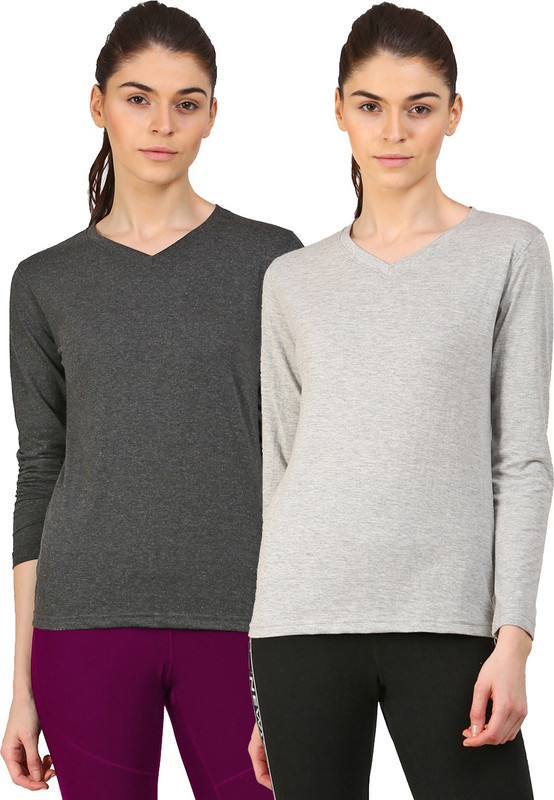 Ap'pulse Solid Women V-neck Grey, Grey T-Shirt(Pack of 2)