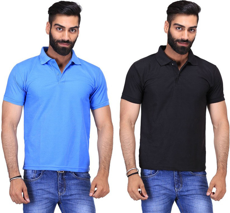 Fuego Solid Men Polo Neck Black, Light Blue T-Shirt(Pack of 2)