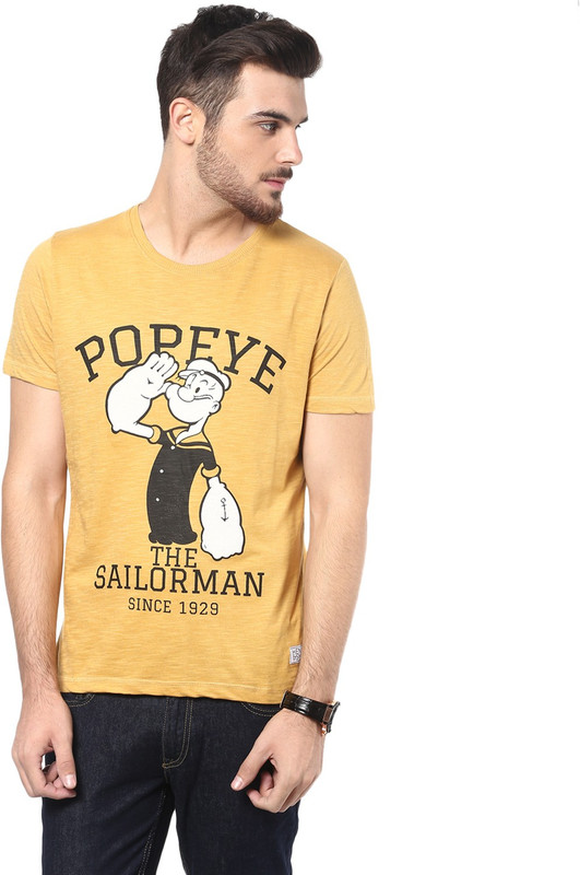 Henry and Smith Printed Men Round Neck Yellow T-Shirt Henry and Smith Printed Men Round Neck Yellow T-Shirt