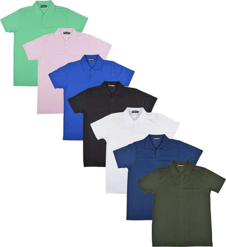 Pintapple Solid Men Polo Neck White, Black, Blue, Pink, Light Green, Dark Blue, Dark Green T-Shirt(Pack of 7)