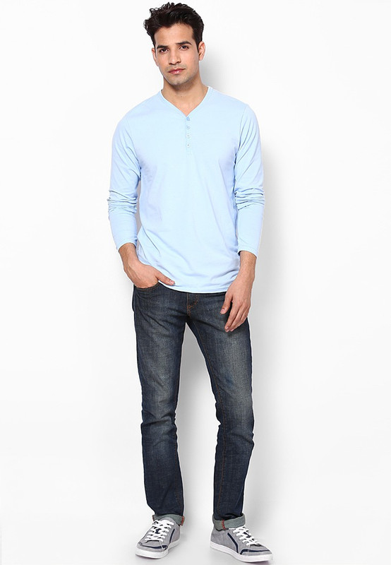 Jack & Jones Solid Men Henley Blue T-Shirt