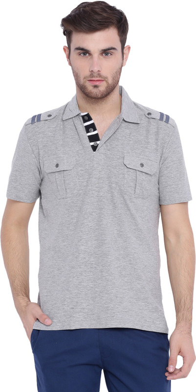 Arise Self Design Men Polo Neck Grey T-Shirt
