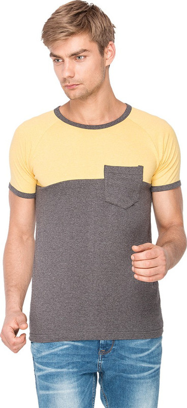 Campus Sutra Solid Men Round or Crew Grey, Yellow T-Shirt