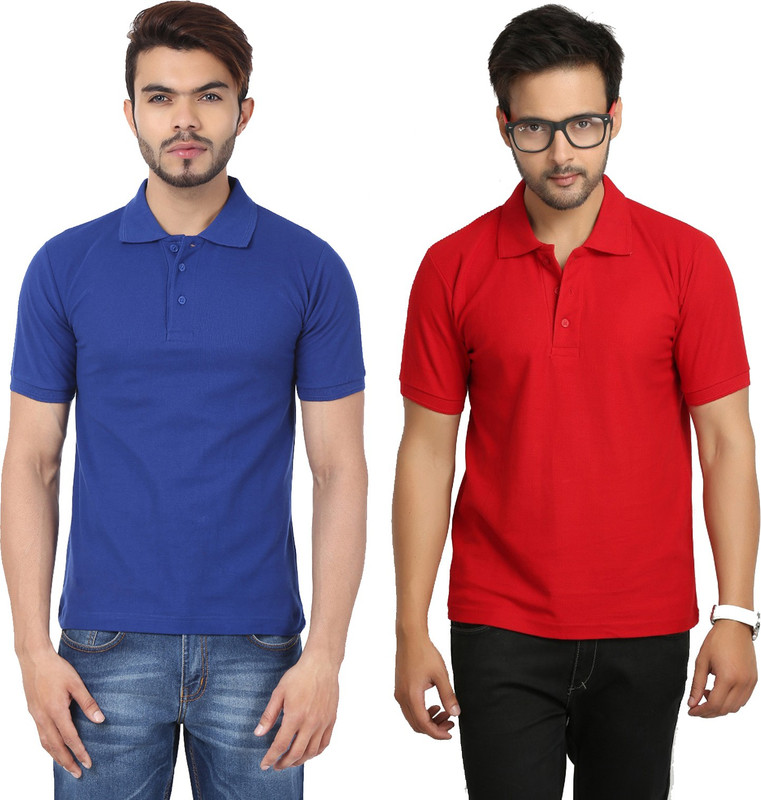 Weardo Solid Men Polo Neck Red, Blue T-Shirt(Pack of 2)