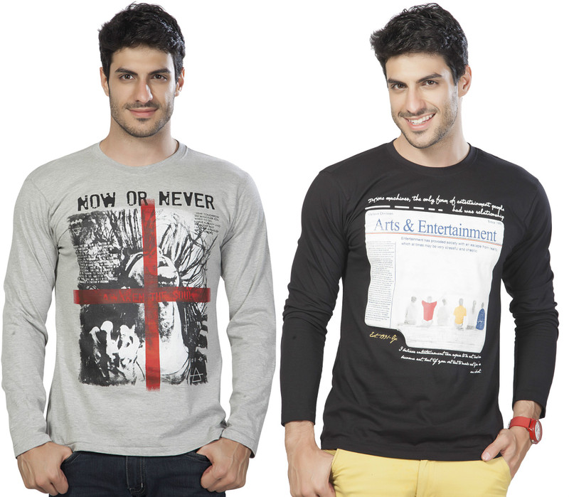 Alan Jones Printed Men Round Neck Black, Grey T-Shirt(Pack of 2)