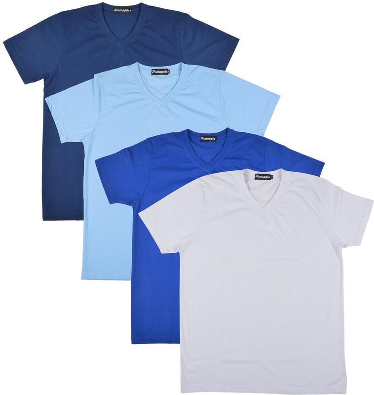 Pintapple Solid Men V-neck White, Blue, Light Blue, Dark Blue T-Shirt(Pack of 4)