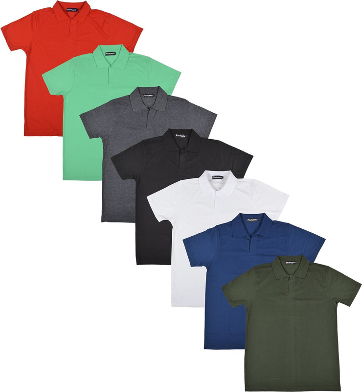 Pintapple Solid Men Polo Neck White, Black, Grey, Light Green, Red, Dark Blue, Dark Green T-Shirt(Pack of 7)