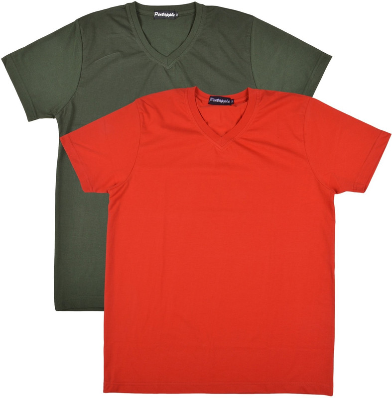 Pintapple Solid Men V-neck Red, Dark Green T-Shirt(Pack of 2)