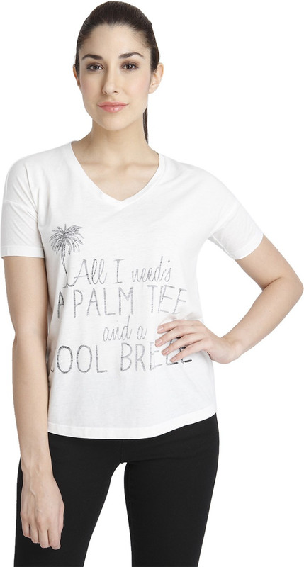 Vero Moda Printed Women V-neck White T-Shirt