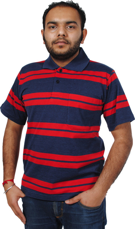 Feels Good Striped Men Polo Neck Blue, Red T-Shirt
