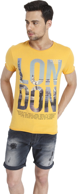 Jack & Jones Printed Men Round Neck Yellow T-Shirt