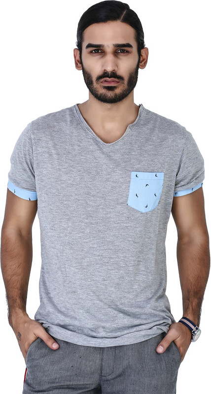 Mr Button Solid Men V-neck Grey T-Shirt