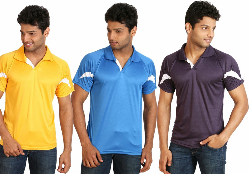 Campus Sutra Solid Men Polo Neck Yellow, Light Blue, Purple T-Shirt(Pack of 3)
