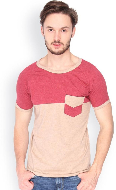 Campus Sutra Solid Men Round or Crew Maroon, Brown T-Shirt