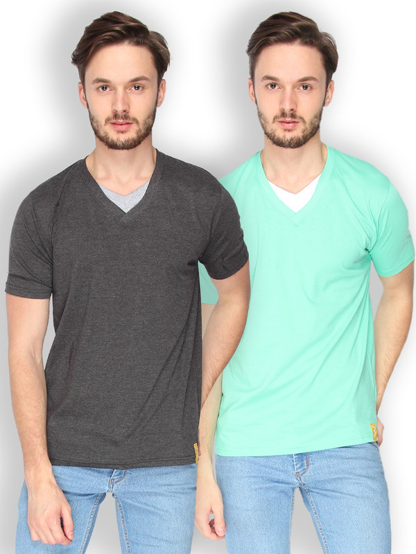 Campus Sutra Solid Men V-Neck Grey, Light Green T-Shirt(Pack of 2)