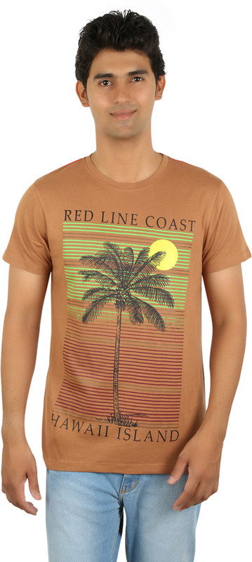 Red Line Graphic Print Men Round Neck Brown T-Shirt