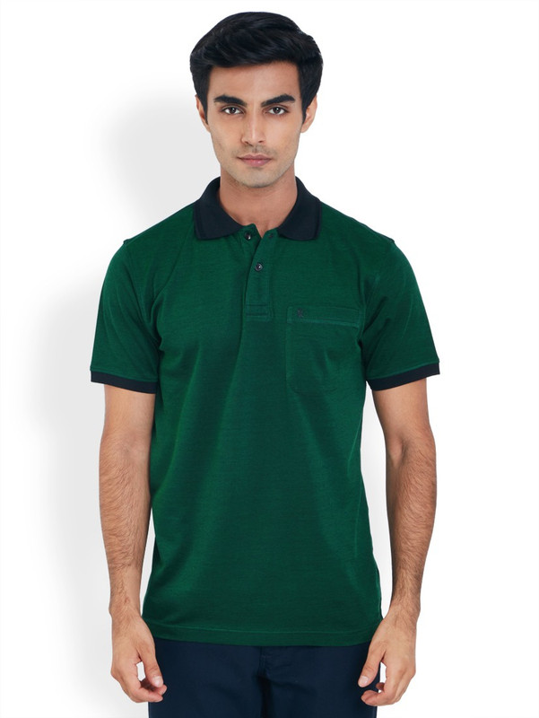 Raymond Solid Men Polo Neck Dark Green T-Shirt