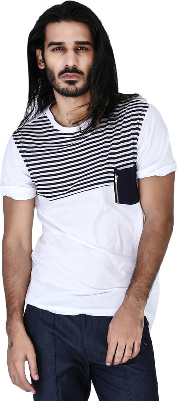 Mr Button Striped Men Round Neck White T-Shirt