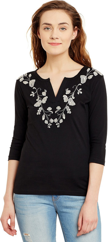 Hypernation Embroidered Women Scoop Neck Black, White T-Shirt