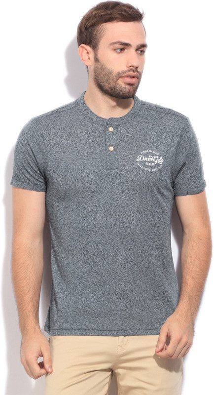 Flying Machine Printed Men Henley Grey, Blue T-Shirt