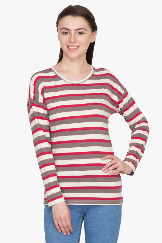 Hypernation Striped Women High Neck Multicolor T-Shirt