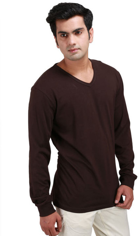 Inkovy Solid Men V-neck Brown T-Shirt