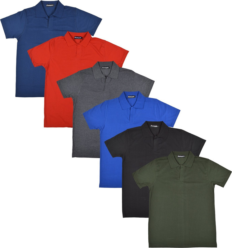 Pintapple Solid Men Polo Neck Black, Blue, Grey, Red, Dark Blue, Dark Green T-Shirt(Pack of 6)