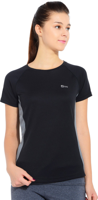 ATIVO Solid Women Round Neck Black, Grey T-Shirt