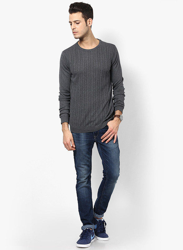Jack & Jones Striped Men Round Neck Grey T-Shirt