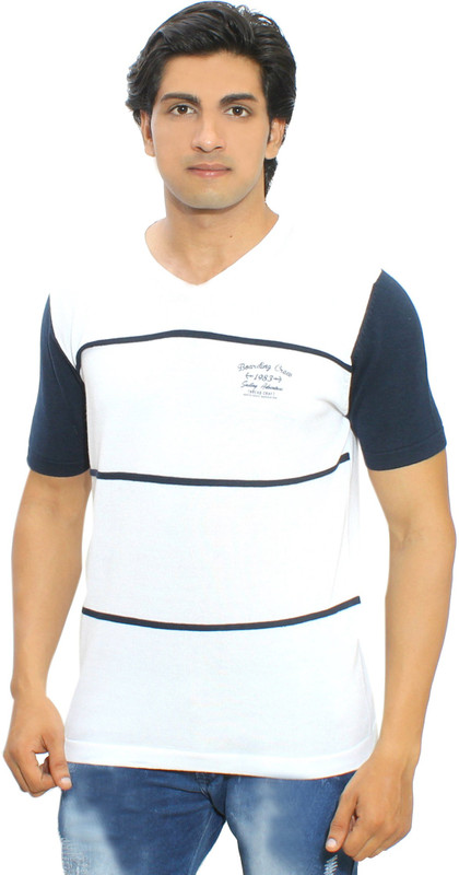 Thread Craft Striped Men V-neck White T-Shirt