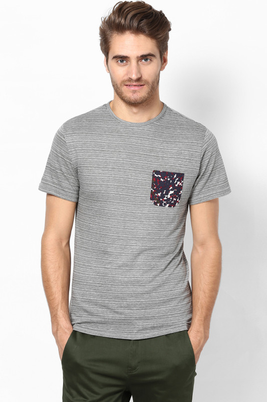 Srota Striped Men Round Neck Grey T-Shirt