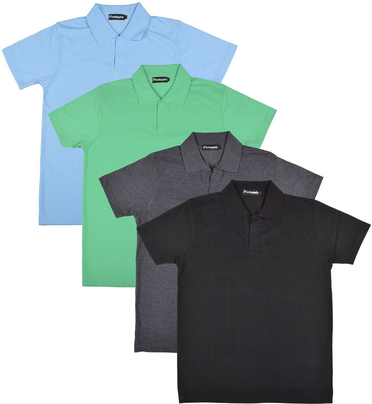 Pintapple Solid Men Polo Neck Black, Grey, Light Green, Light Blue T-Shirt(Pack of 4)