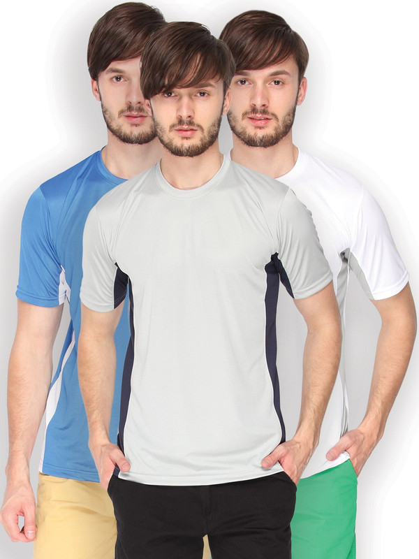 Campus Sutra Solid Men Round or Crew Denim Grey, Blue, Blue, Blue, White, Grey T-Shirt(Pack of 3)