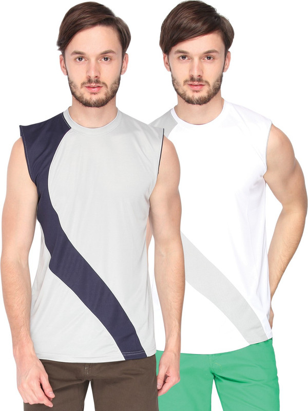 Campus Sutra Solid Men Round or Crew Denim Grey, White T-Shirt(Pack of 2)