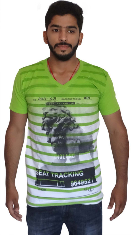 Uniqe Printed Men V-neck Green T-Shirt