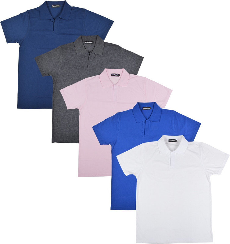 Pintapple Solid Men Polo Neck White, Blue, Pink, Grey, Dark Blue T-Shirt(Pack of 5)