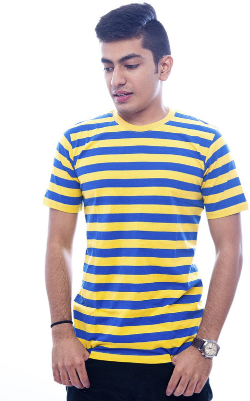 Urban Flux Striped Men Round Neck Yellow T-Shirt