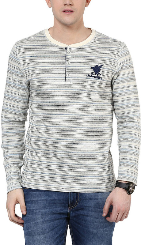 Urban Eagle by Pantaloons Striped Men Round Neck Light Blue T-Shirt