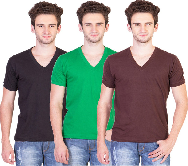 Keepsake Solid Men V-neck Black, Brown, Green T-Shirt