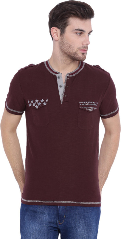 Arise Self Design, Printed Men Henley Maroon T-Shirt