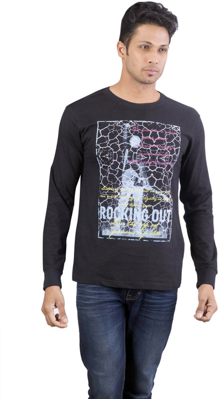 Oviyon Printed Men Round Neck Black T-Shirt